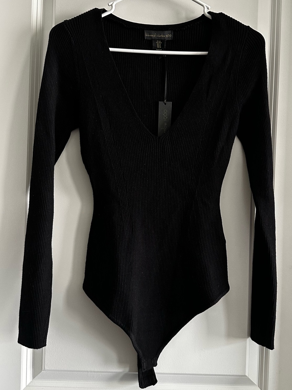 NTW! House of Harlow 1960 Black Ribbed V-Neck Long Sleeve Bodysuit